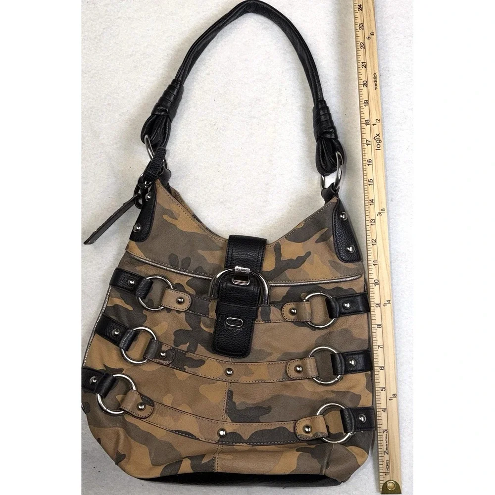 B Makowsky Camo Hobo Bag Black Leather Trim Silver Hardware Shoulder Purse